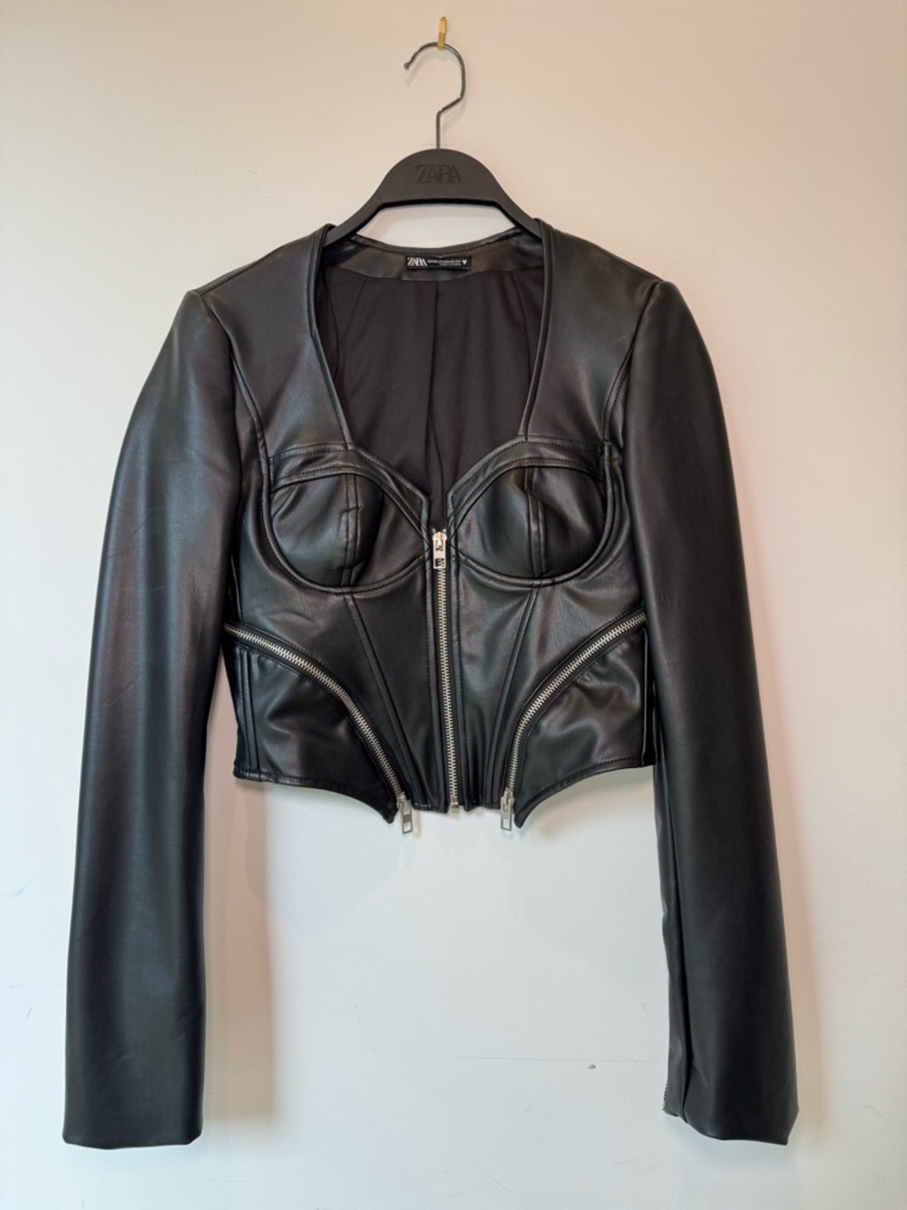 ZARA Faux Leather Corset Zip Cropped Jacket Black XS Bustier Moto Top